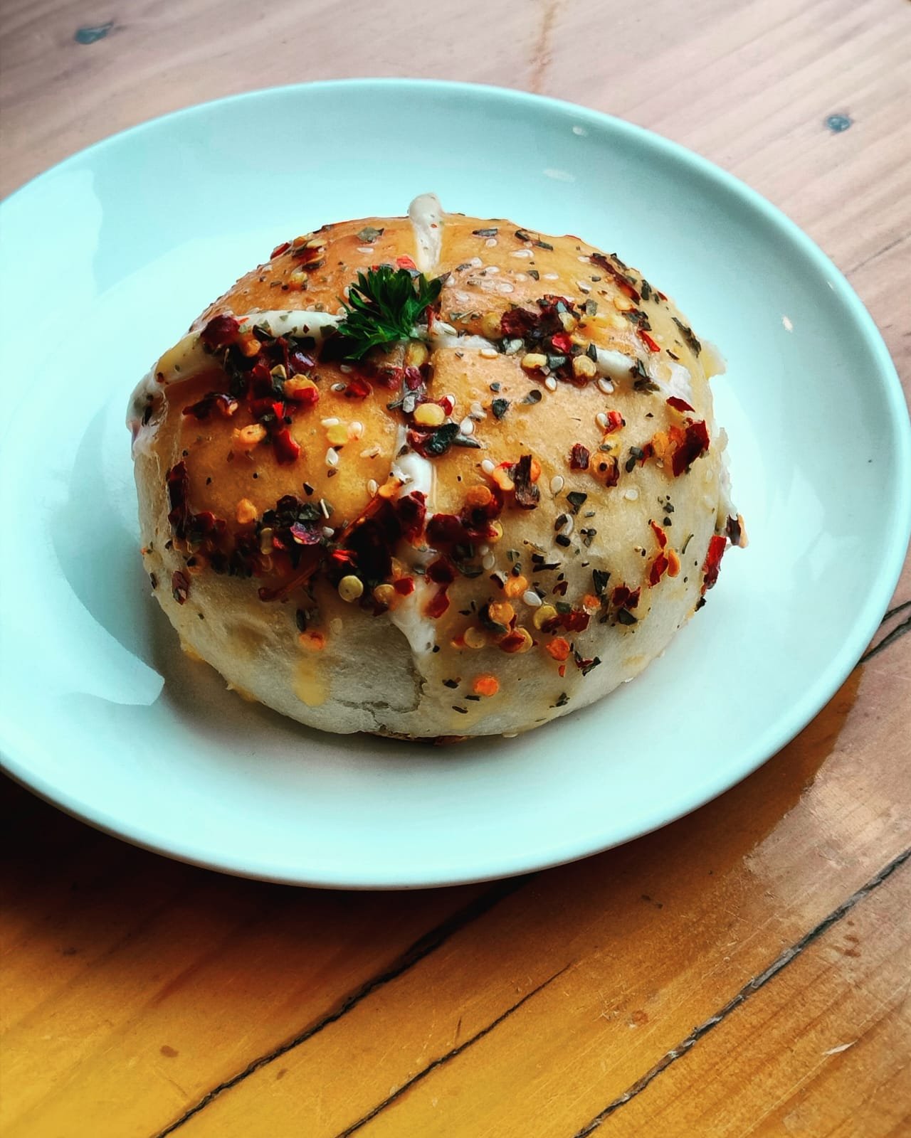 View through the cafe window to a mountain scene
